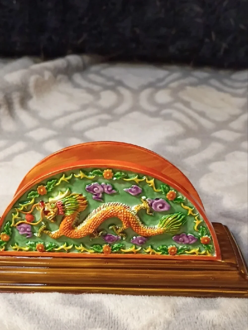 Vintage Chinoiserie Dragon Motif Napkin Holder - Vibrant Orange & Green